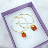 Raw Carnelian Gemstone Earrings, Gold Electroplated Crystal Earrings, Birthstone Earring Gift